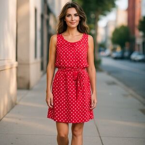 NWOT Red Polka Dot Dress Sleeveless Belted Chiffon Fabric